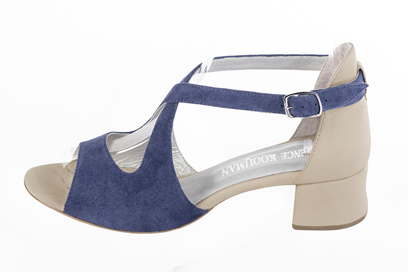 Prussian blue and champagne white women's closed back sandals, with crossed straps. Round toe. Low flare heels. Profile view - Florence KOOIJMAN
